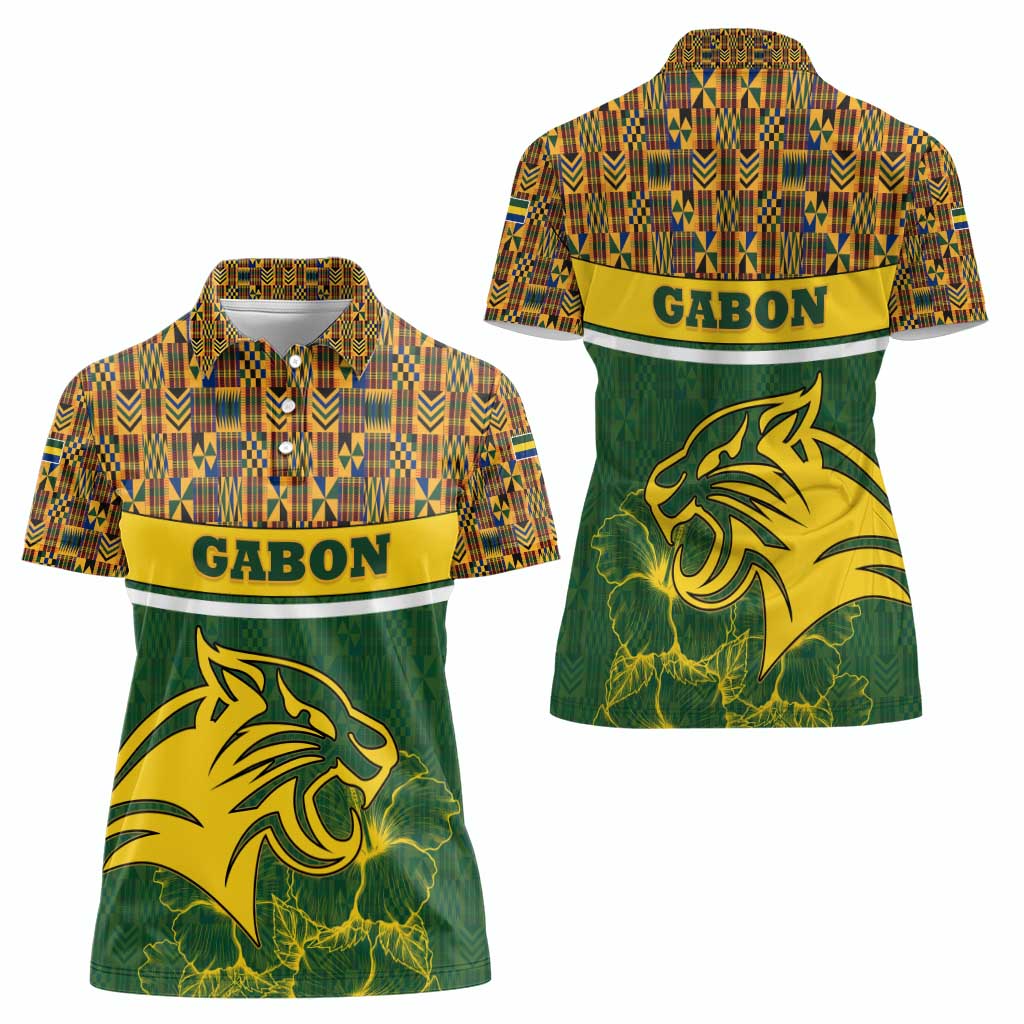 Gabon Women Polo Shirt with Tribal Print and Fierce Panther Graphic in National Flag Colors - Wonder Print Shop
