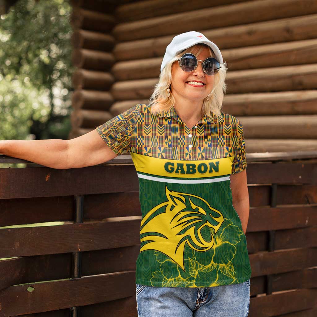 Gabon Women Polo Shirt with Tribal Print and Fierce Panther Graphic in National Flag Colors - Wonder Print Shop
