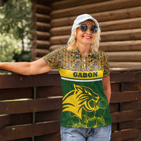 Gabon Women Polo Shirt with Tribal Print and Fierce Panther Graphic in National Flag Colors - Wonder Print Shop