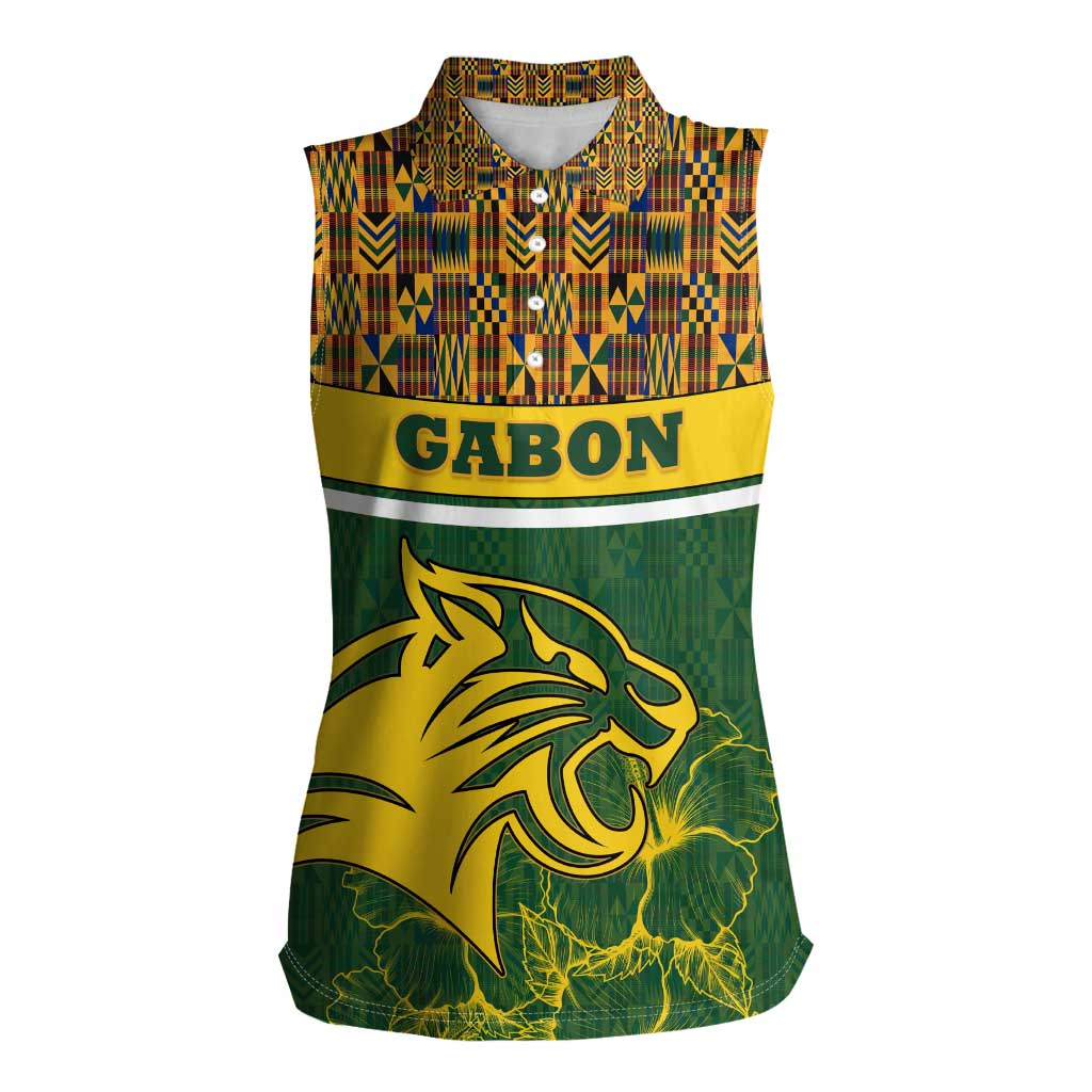 Gabon Women Sleeveless Polo Shirt with Tribal Print and Fierce Panther Graphic in National Flag Colors - Wonder Print Shop