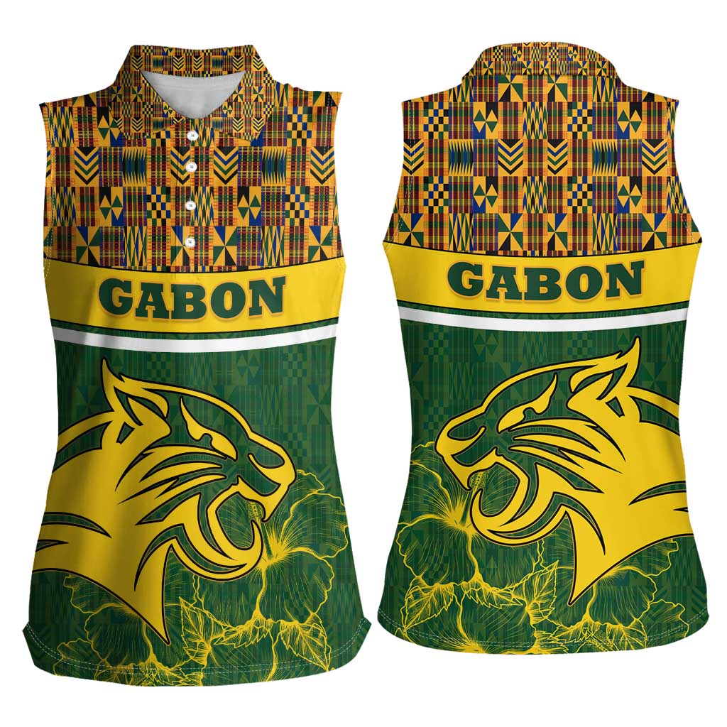 Gabon Women Sleeveless Polo Shirt with Tribal Print and Fierce Panther Graphic in National Flag Colors - Wonder Print Shop
