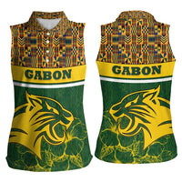 Gabon Women Sleeveless Polo Shirt with Tribal Print and Fierce Panther Graphic in National Flag Colors - Wonder Print Shop