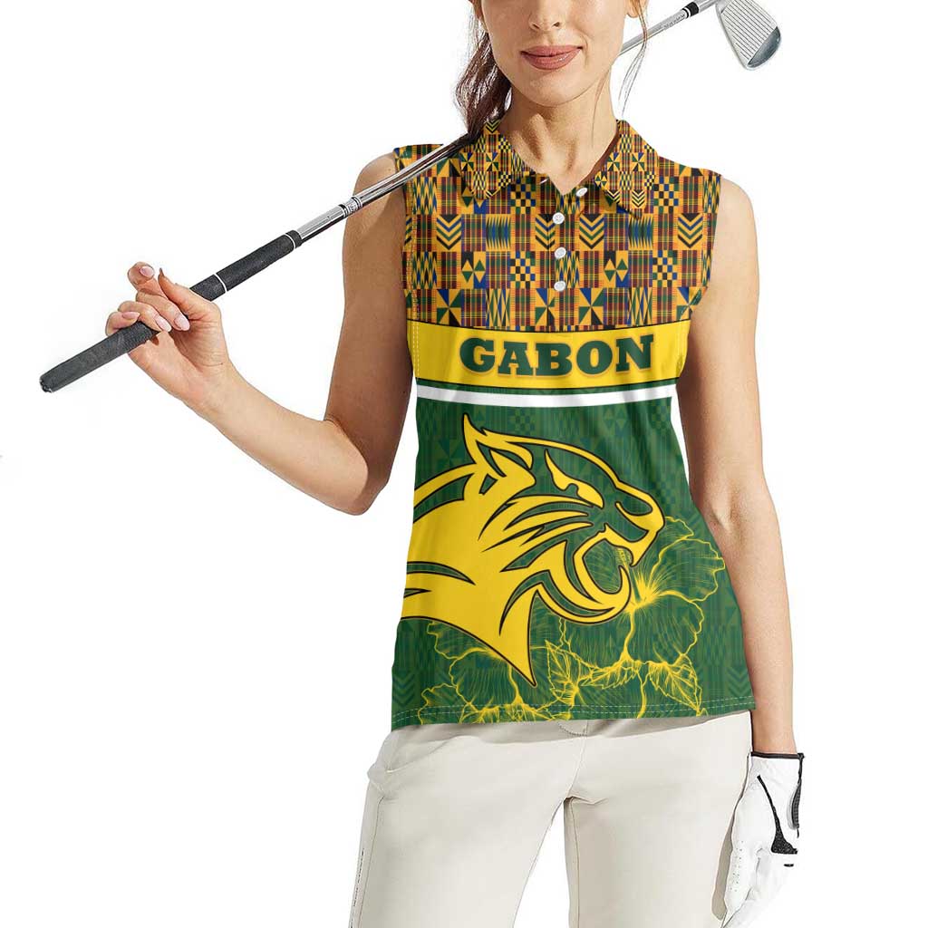 Gabon Women Sleeveless Polo Shirt with Tribal Print and Fierce Panther Graphic in National Flag Colors - Wonder Print Shop