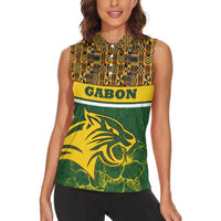 Gabon Women Sleeveless Polo Shirt with Tribal Print and Fierce Panther Graphic in National Flag Colors - Wonder Print Shop