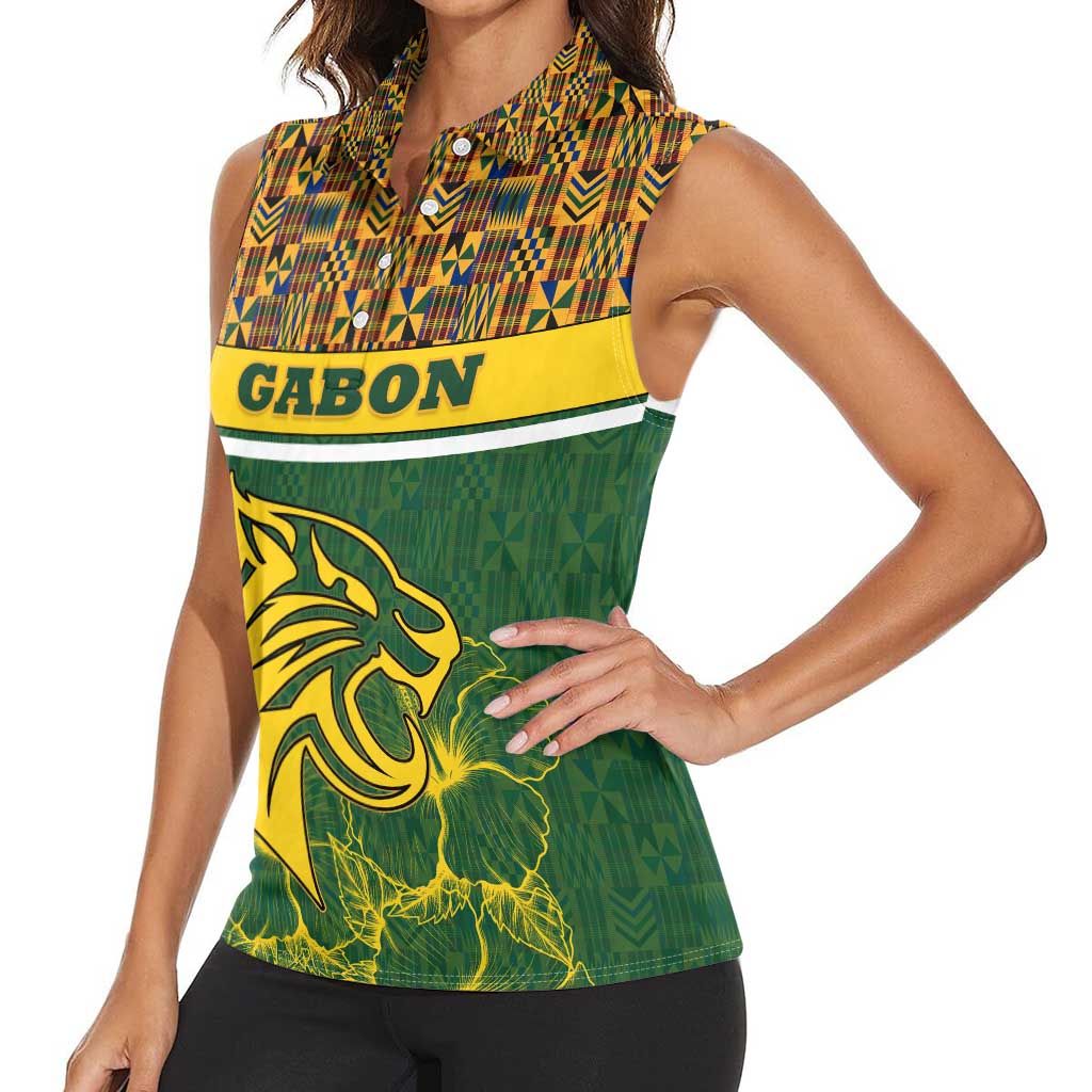 Gabon Women Sleeveless Polo Shirt with Tribal Print and Fierce Panther Graphic in National Flag Colors - Wonder Print Shop