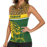 Gabon Women Sleeveless Polo Shirt with Tribal Print and Fierce Panther Graphic in National Flag Colors - Wonder Print Shop