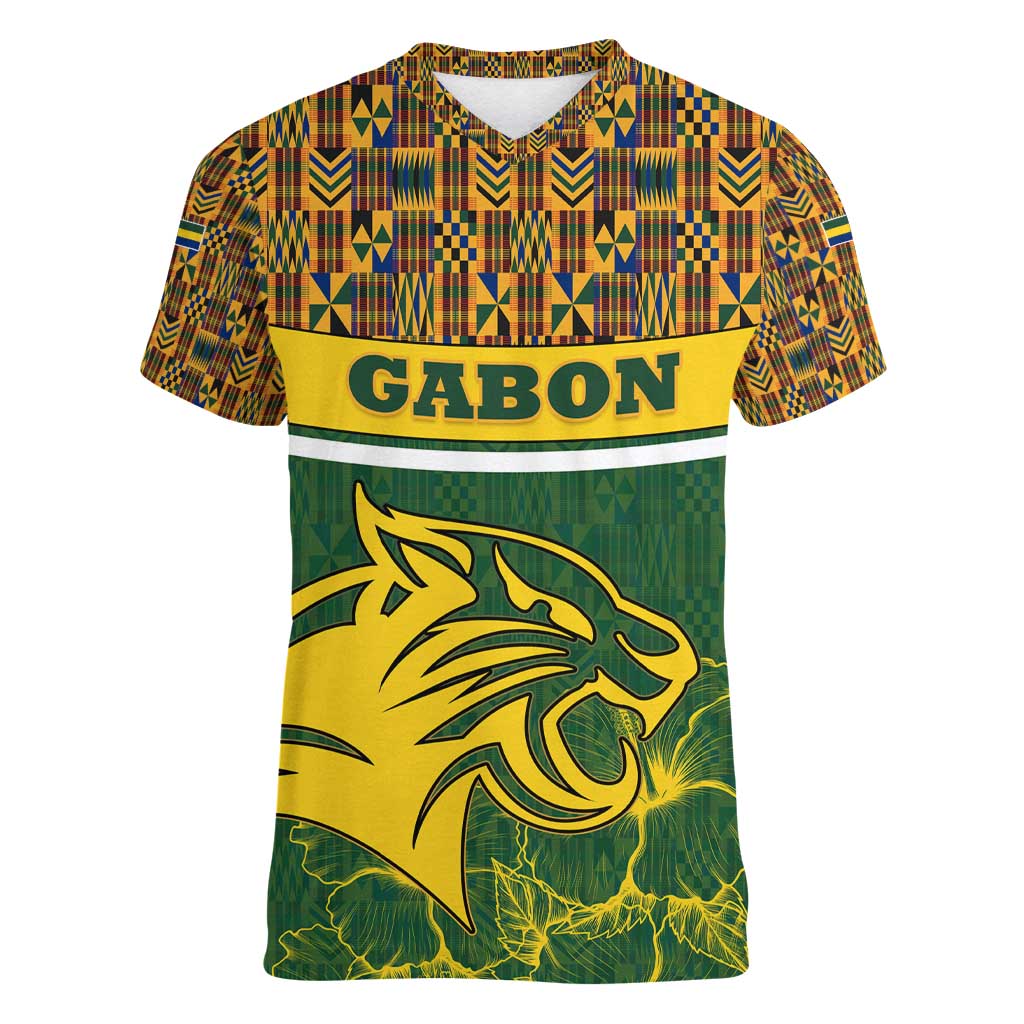 Gabon Women V-Neck T-Shirt with Tribal Print and Fierce Panther Graphic in National Flag Colors - Wonder Print Shop