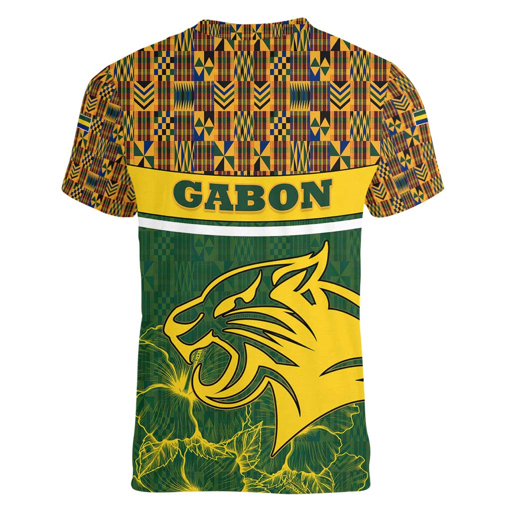 Gabon Women V-Neck T-Shirt with Tribal Print and Fierce Panther Graphic in National Flag Colors - Wonder Print Shop