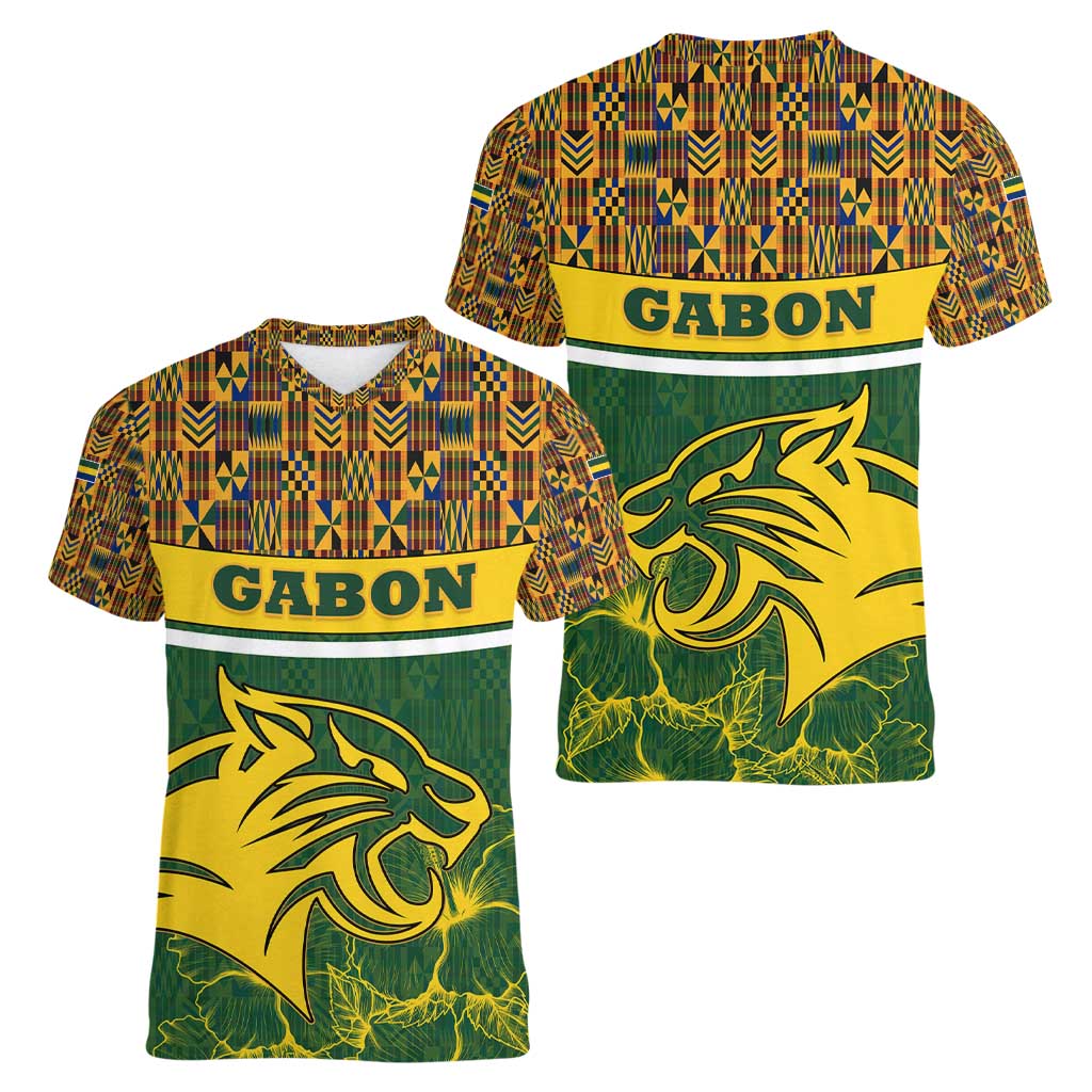 Gabon Women V-Neck T-Shirt with Tribal Print and Fierce Panther Graphic in National Flag Colors - Wonder Print Shop