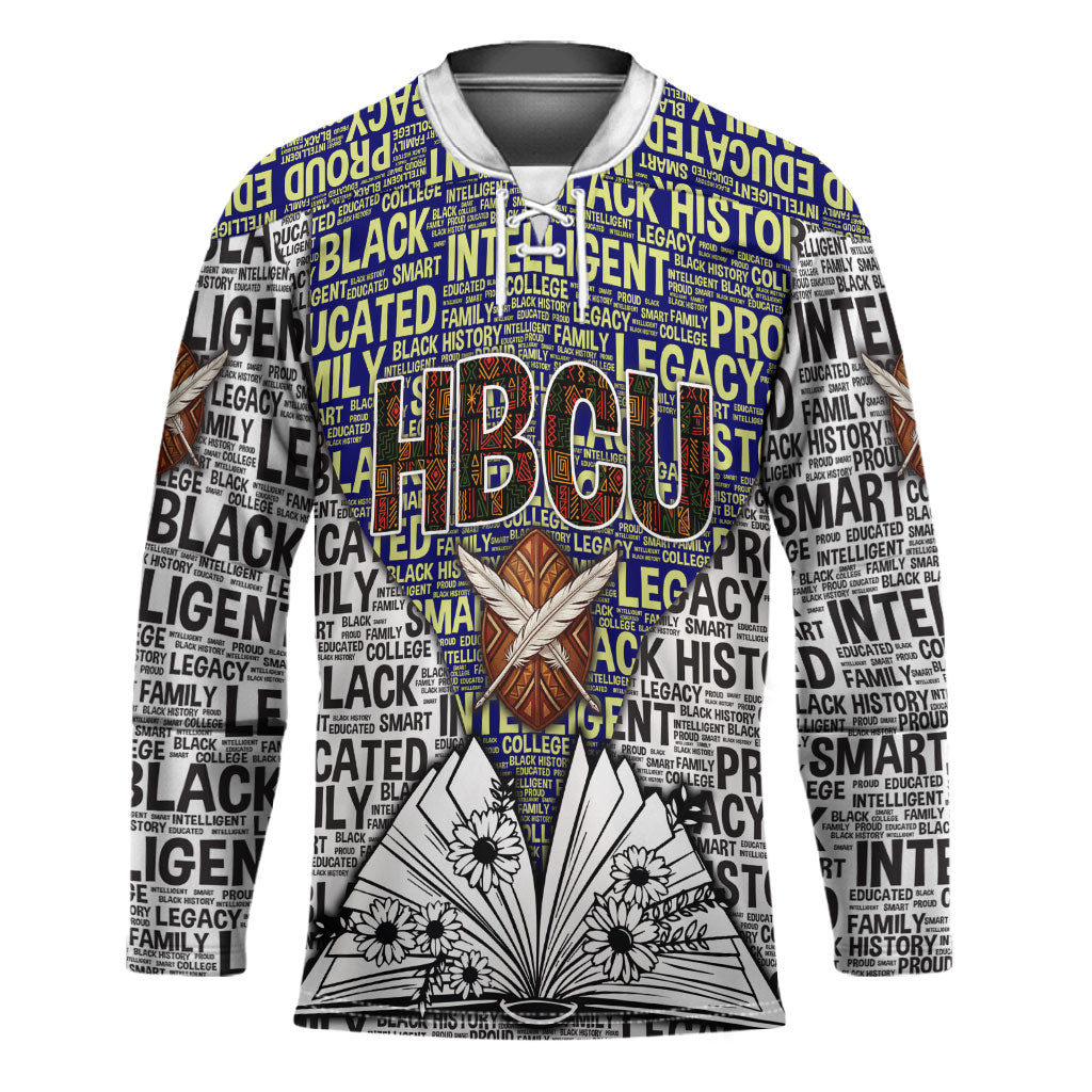 HBCU Black History Legacy Hockey Jersey Word Cloud African Shield Knowledge Book