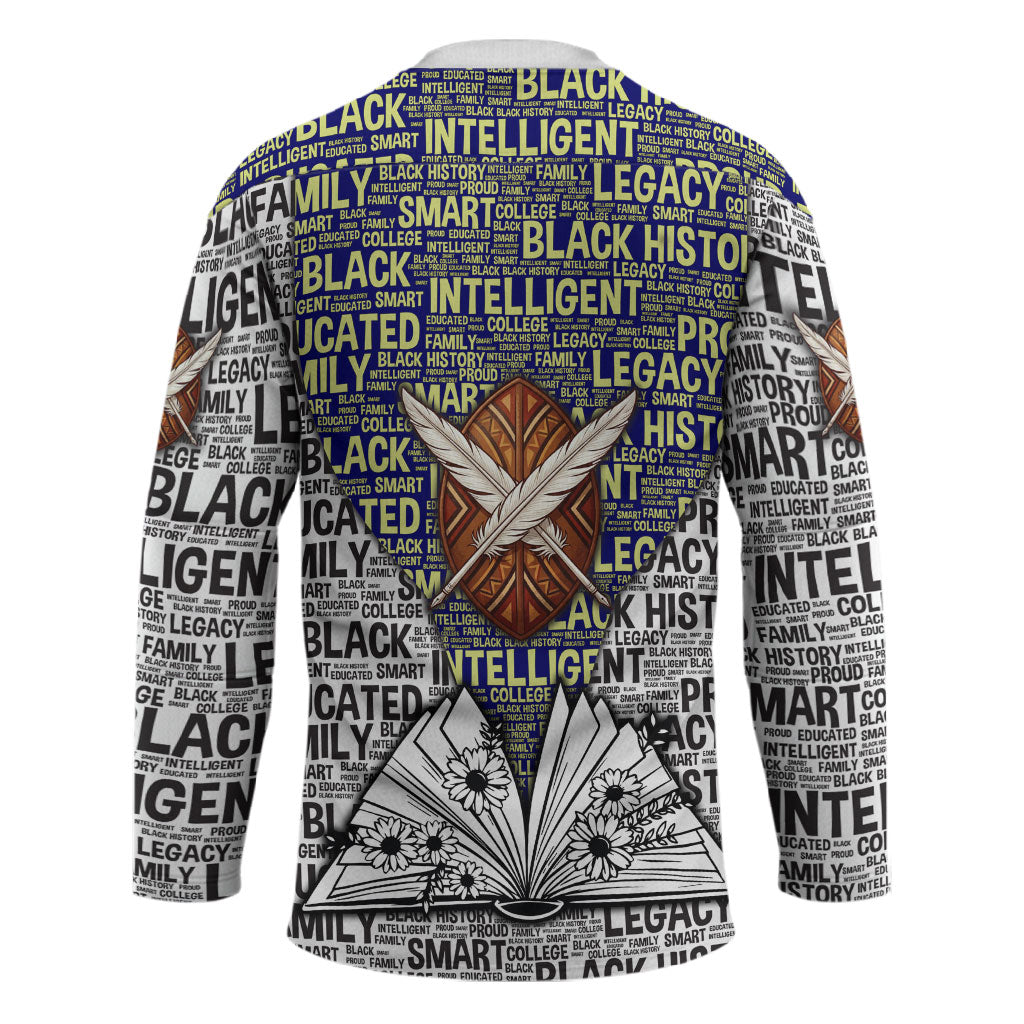 HBCU Black History Legacy Hockey Jersey Word Cloud African Shield Knowledge Book