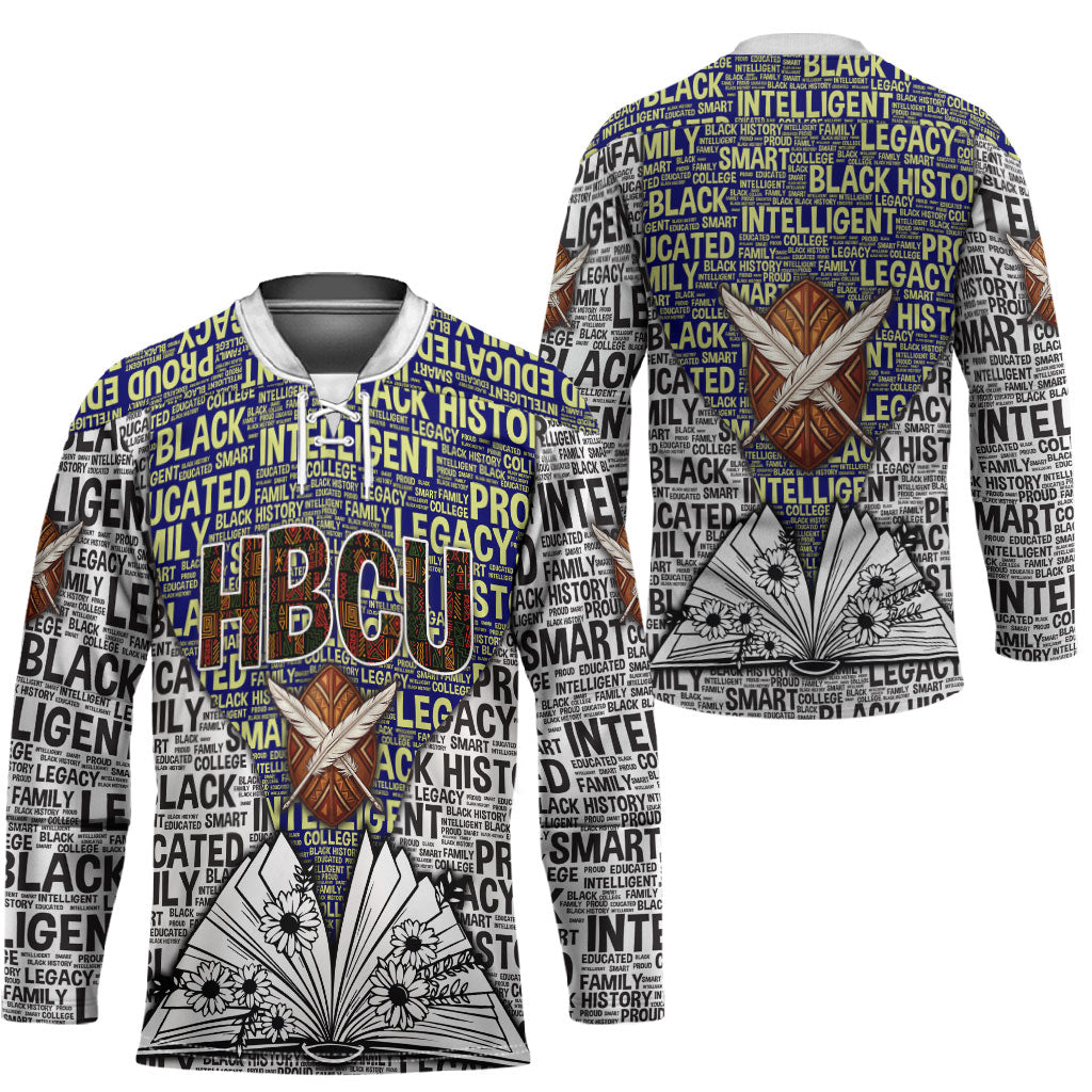 HBCU Black History Legacy Hockey Jersey Word Cloud African Shield Knowledge Book