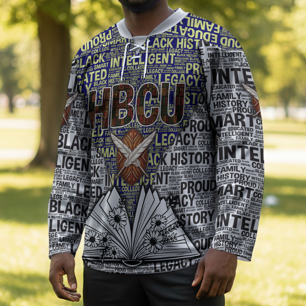 HBCU Black History Legacy Hockey Jersey Word Cloud African Shield Knowledge Book