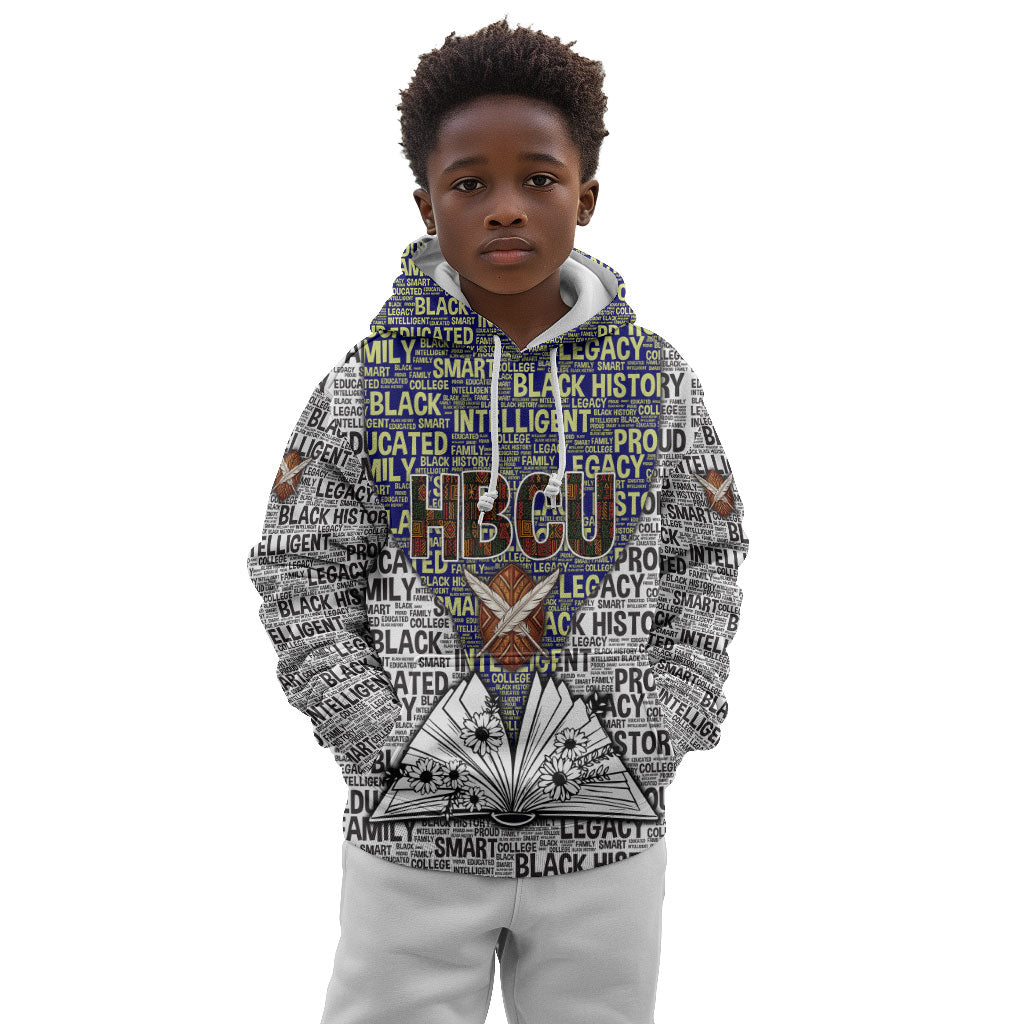 HBCU Black History Legacy Kid Hoodie Word Cloud African Shield Knowledge Book