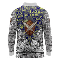 HBCU Black History Legacy Long Sleeve Polo Shirt Word Cloud African Shield Knowledge Book