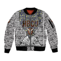 HBCU Black History Legacy Sleeve Zip Bomber Jacket Word Cloud African Shield Knowledge Book