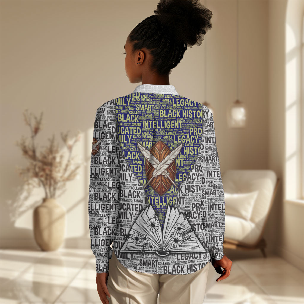 HBCU Black History Legacy Women Casual Shirt Word Cloud African Shield Knowledge Book