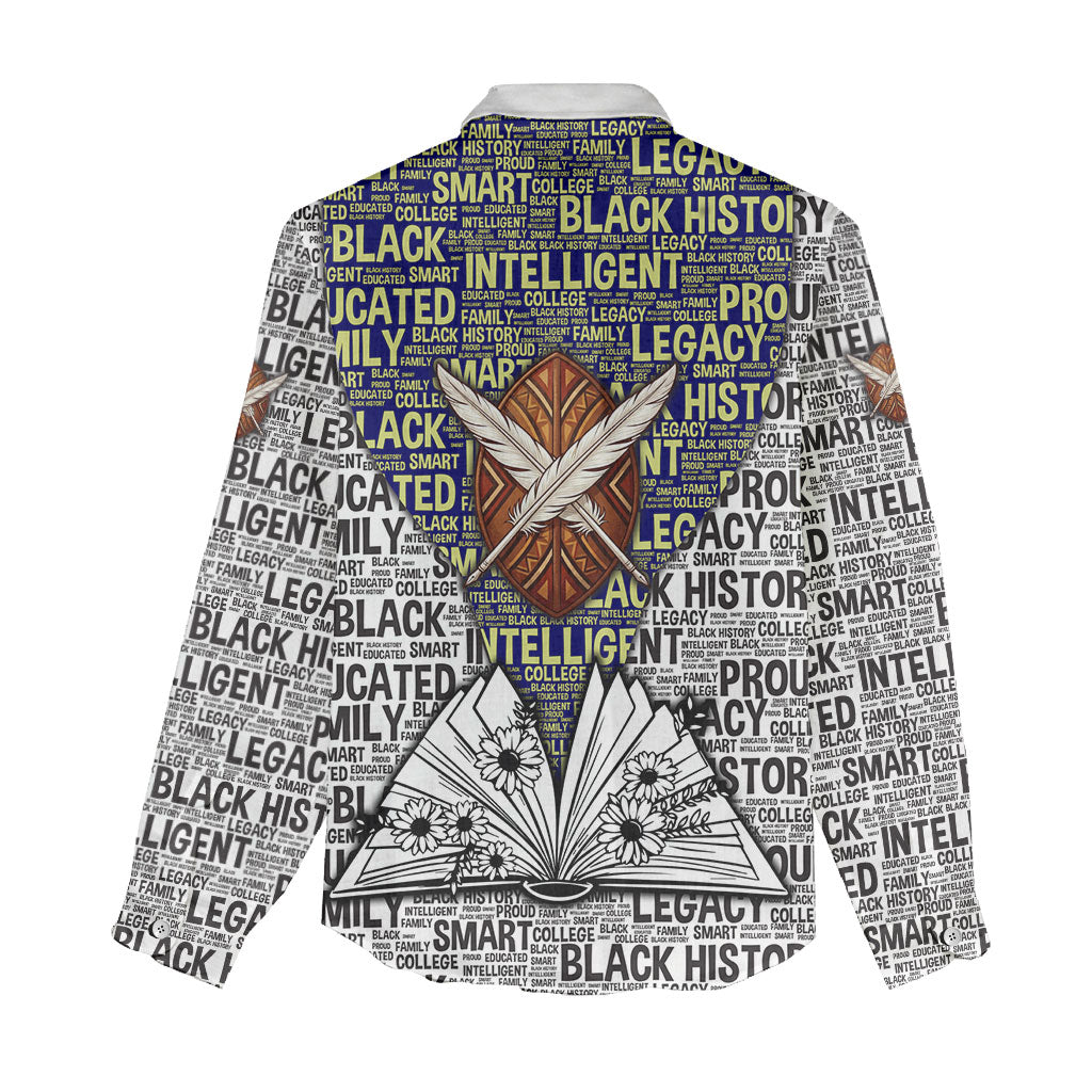 HBCU Black History Legacy Women Casual Shirt Word Cloud African Shield Knowledge Book