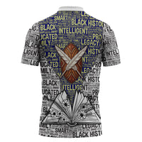 HBCU Black History Legacy Zipper Polo Shirt Word Cloud African Shield Knowledge Book