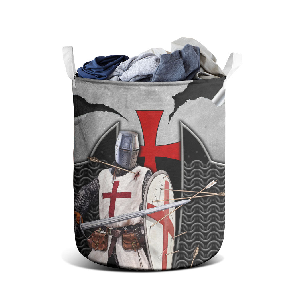 Knights Templar Warrior Red Cross Laundry Basket Crusader Knight In Chainmail Armor With Shield And Sword Art