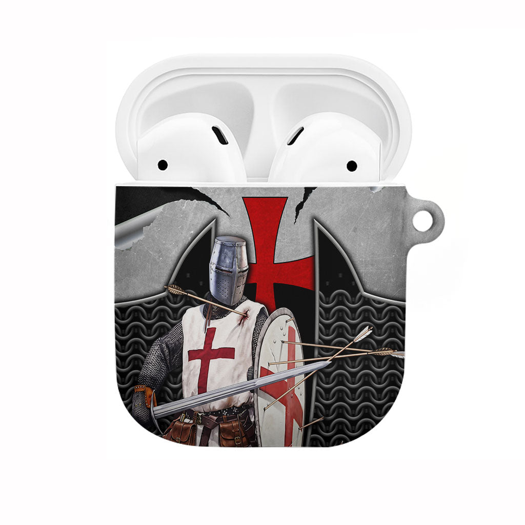 Knights Templar Warrior Red Cross AirPods Case Crusader Knight In Chainmail Armor With Shield And Sword Art
