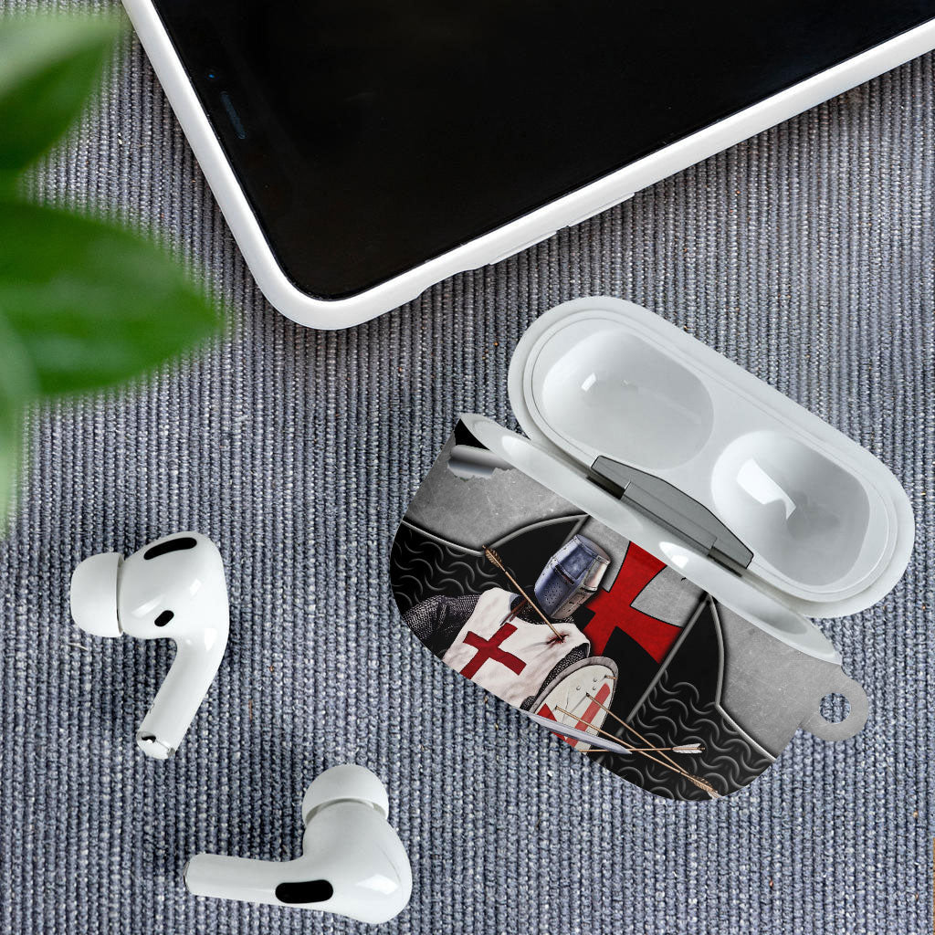 Knights Templar Warrior Red Cross AirPods Case Crusader Knight In Chainmail Armor With Shield And Sword Art