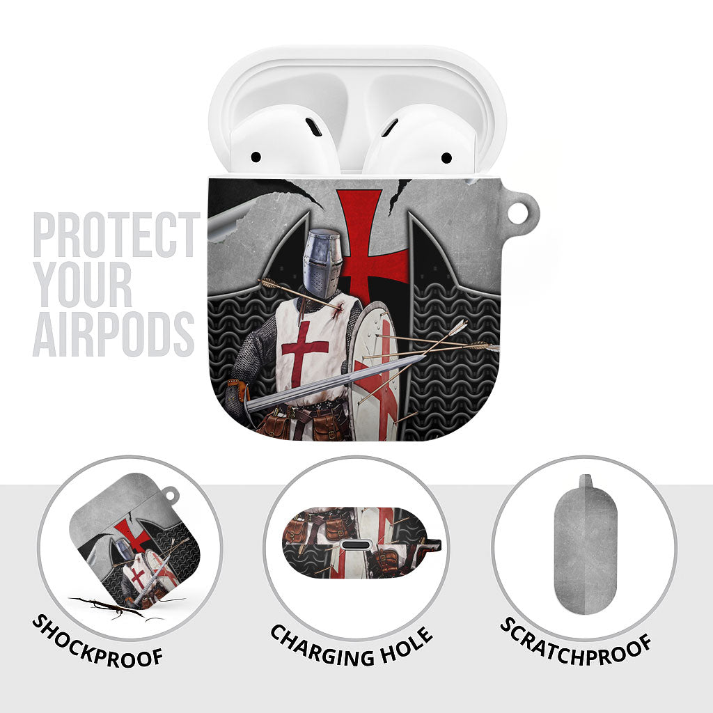 Knights Templar Warrior Red Cross AirPods Case Crusader Knight In Chainmail Armor With Shield And Sword Art
