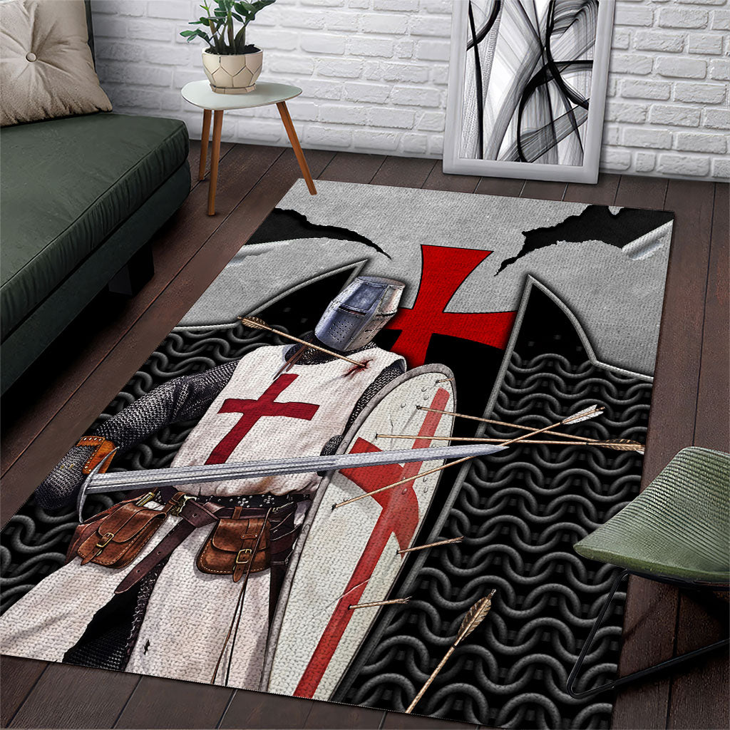 Knights Templar Warrior Red Cross Area Rug Crusader Knight In Chainmail Armor With Shield And Sword Art