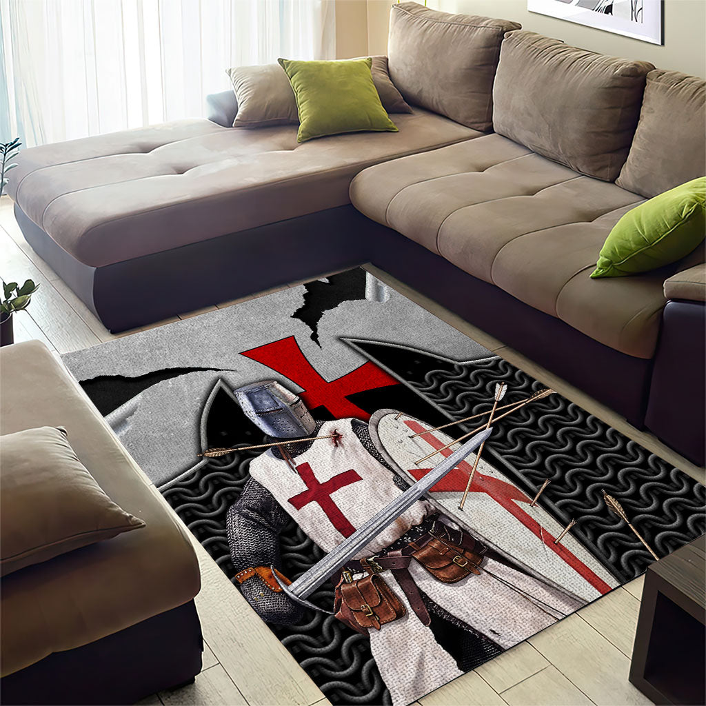 Knights Templar Warrior Red Cross Area Rug Crusader Knight In Chainmail Armor With Shield And Sword Art