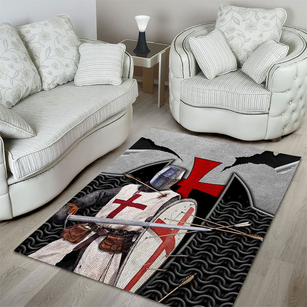 Knights Templar Warrior Red Cross Area Rug Crusader Knight In Chainmail Armor With Shield And Sword Art