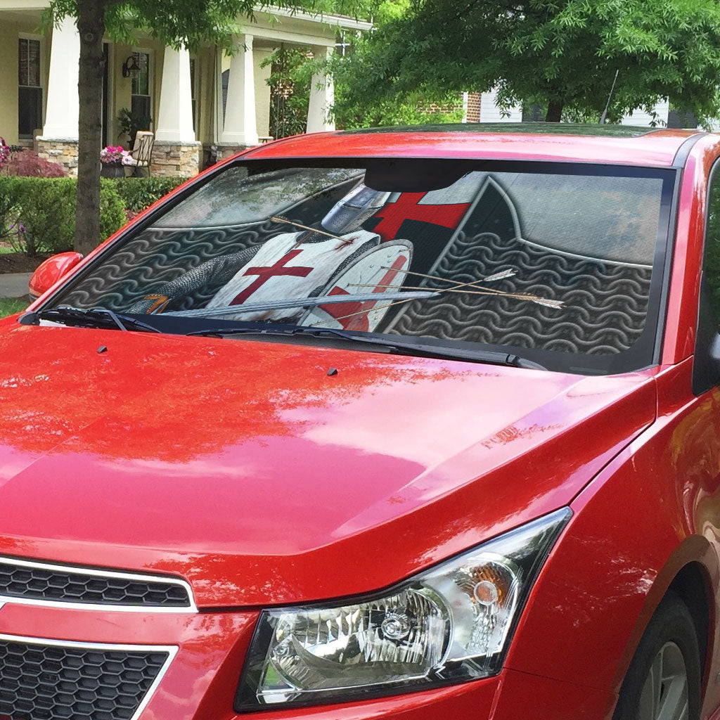 Knights Templar Warrior Red Cross Auto Sun Shade Crusader Knight In Chainmail Armor With Shield And Sword Art
