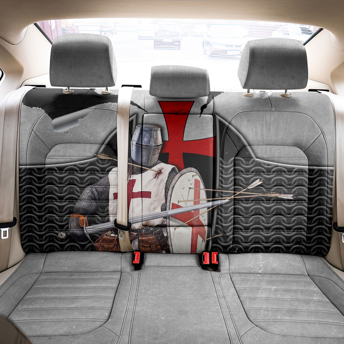 Knights Templar Warrior Red Cross Back Car Seat Cover Crusader Knight In Chainmail Armor With Shield And Sword Art