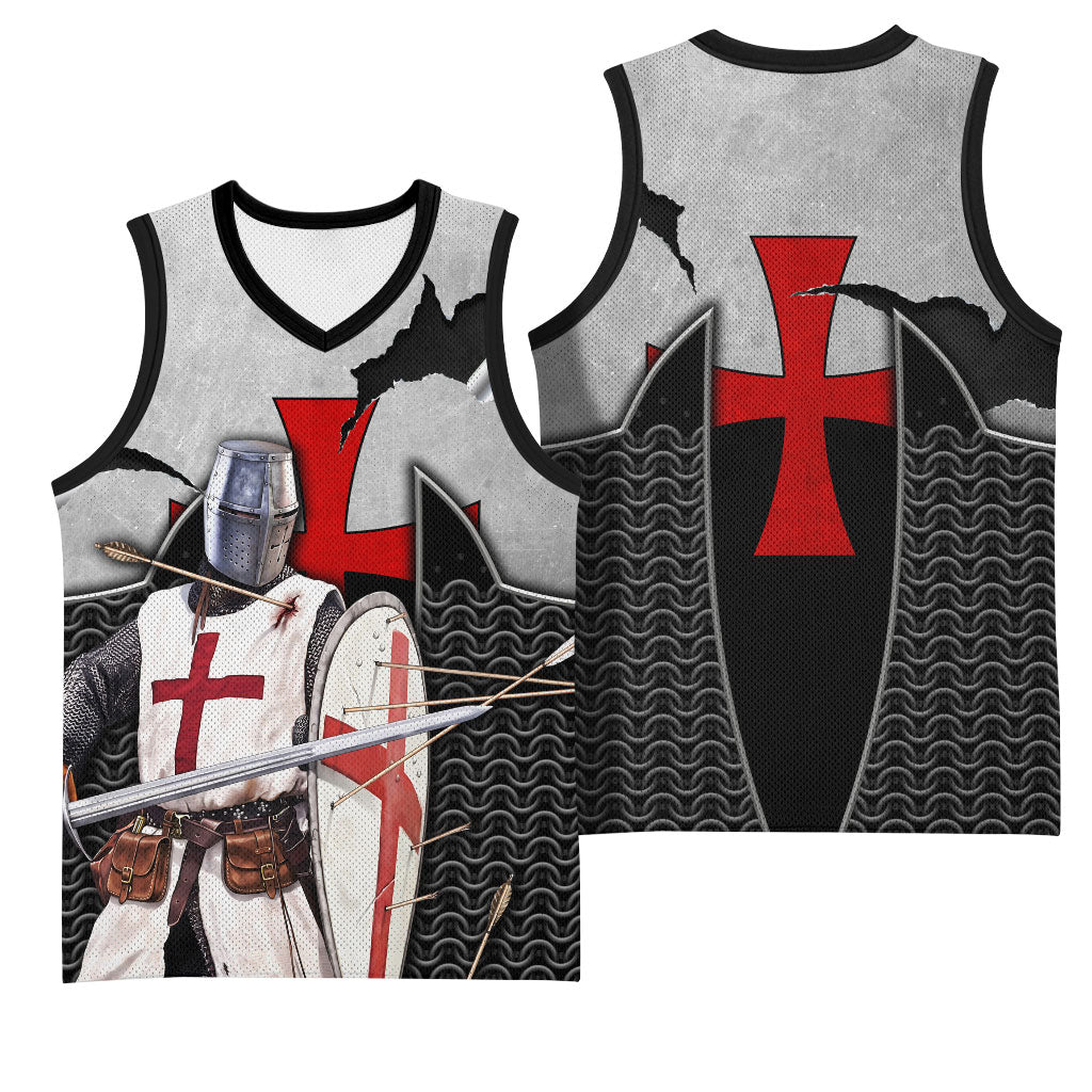 Knights Templar Warrior Red Cross Basketball Jersey Crusader Knight In Chainmail Armor With Shield And Sword Art