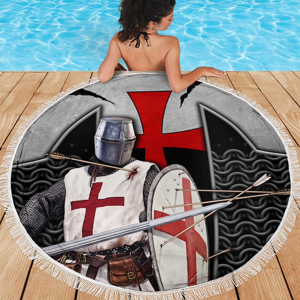 Knights Templar Warrior Red Cross Beach Blanket Crusader Knight In Chainmail Armor With Shield And Sword Art