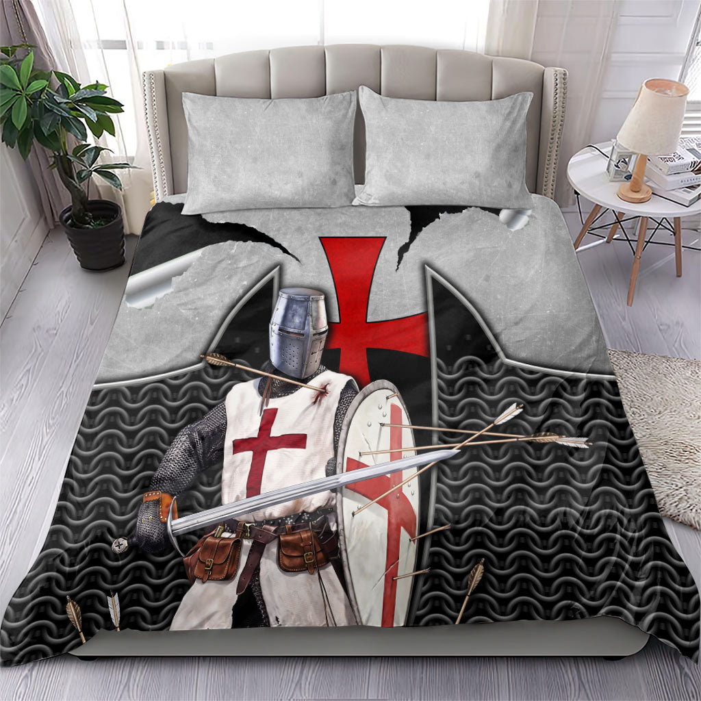 Knights Templar Warrior Red Cross Bedding Set Crusader Knight In Chainmail Armor With Shield And Sword Art