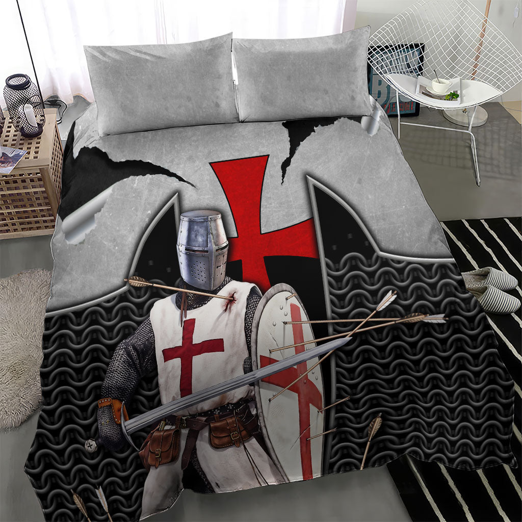 Knights Templar Warrior Red Cross Bedding Set Crusader Knight In Chainmail Armor With Shield And Sword Art