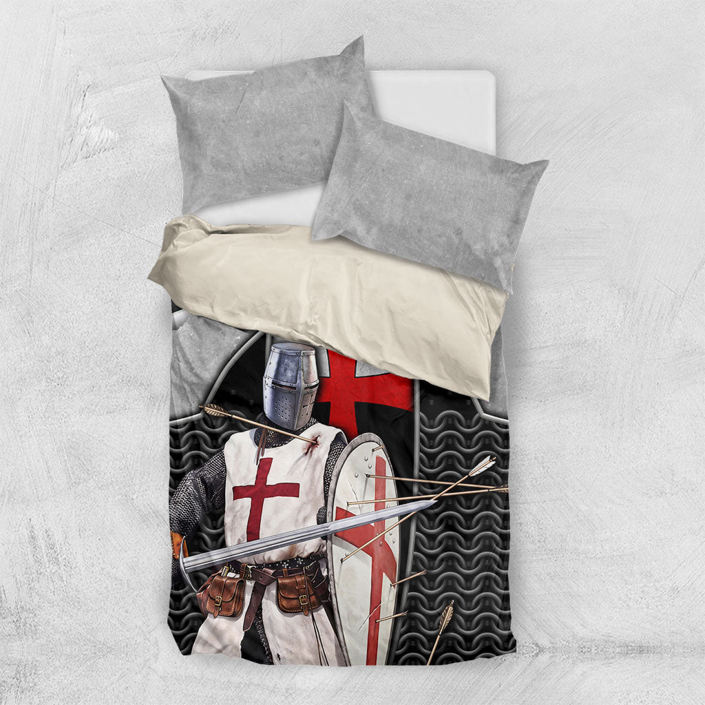 Knights Templar Warrior Red Cross Bedding Set Crusader Knight In Chainmail Armor With Shield And Sword Art
