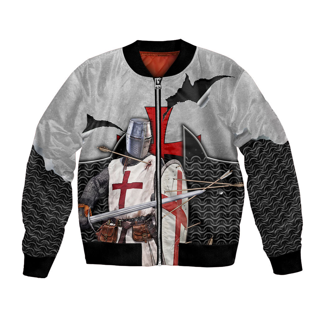 Knights Templar Warrior Red Cross Bomber Jacket Crusader Knight In Chainmail Armor With Shield And Sword Art