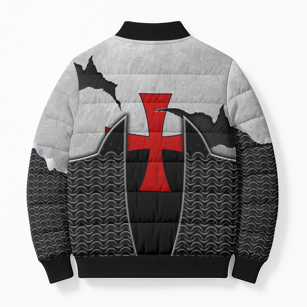 Knights Templar Warrior Red Cross Bomber Puffer Jacket Crusader Knight In Chainmail Armor With Shield And Sword Art
