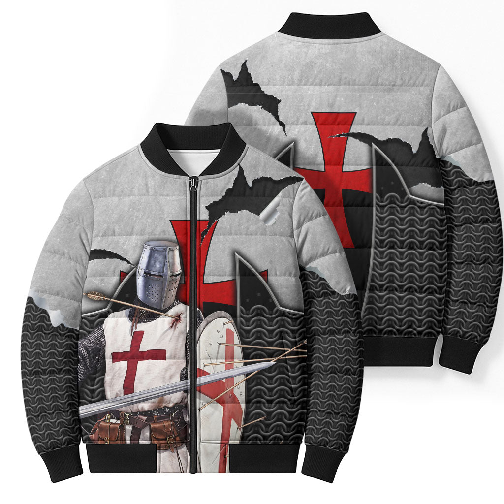 Knights Templar Warrior Red Cross Bomber Puffer Jacket Crusader Knight In Chainmail Armor With Shield And Sword Art