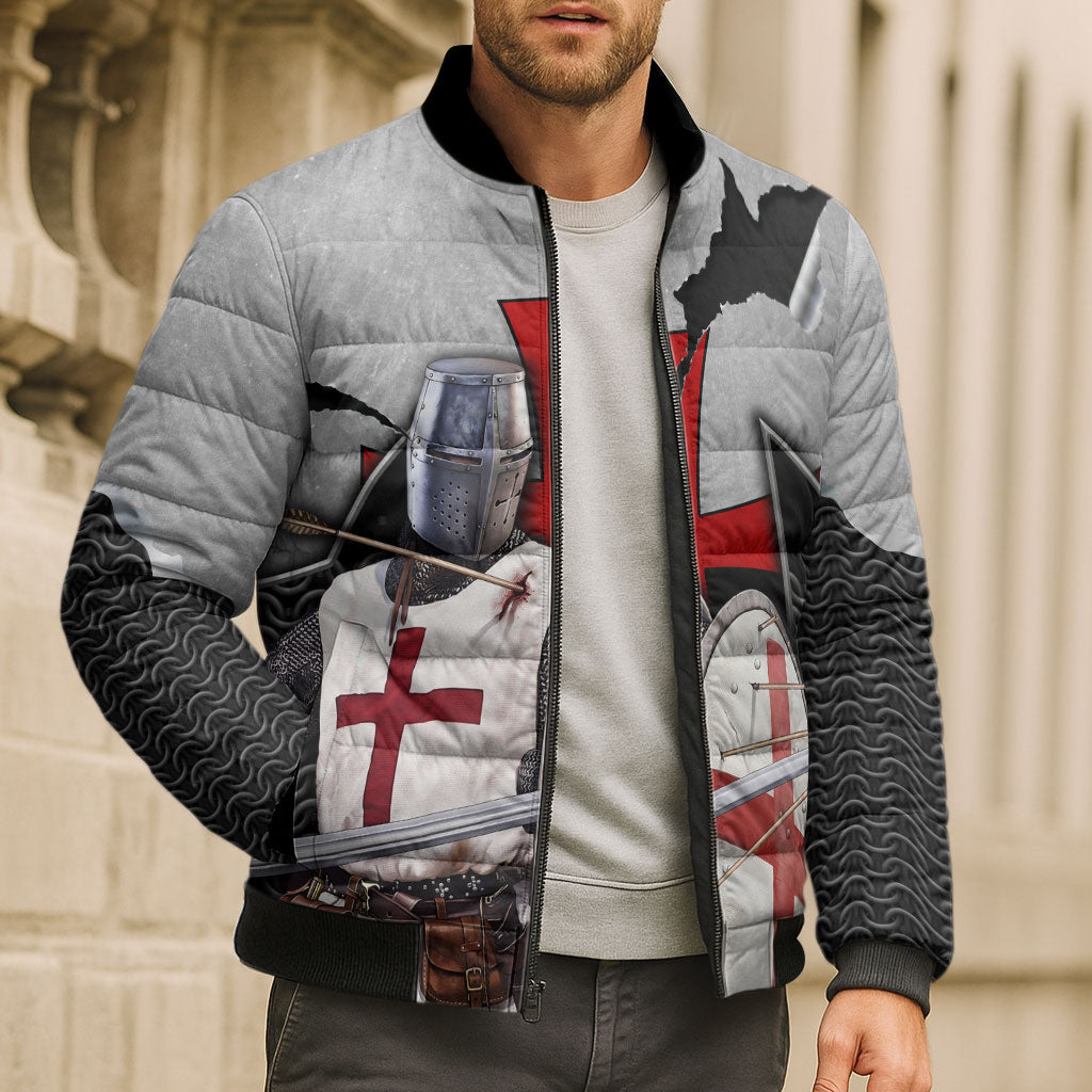 Knights Templar Warrior Red Cross Bomber Puffer Jacket Crusader Knight In Chainmail Armor With Shield And Sword Art