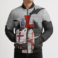 Knights Templar Warrior Red Cross Bomber Puffer Jacket Crusader Knight In Chainmail Armor With Shield And Sword Art
