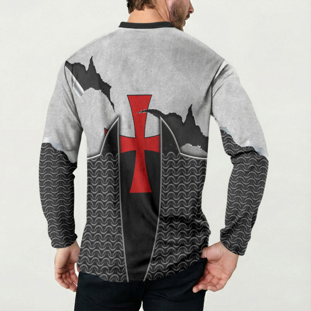 Knights Templar Warrior Red Cross Button Sweatshirt Crusader Knight In Chainmail Armor With Shield And Sword Art