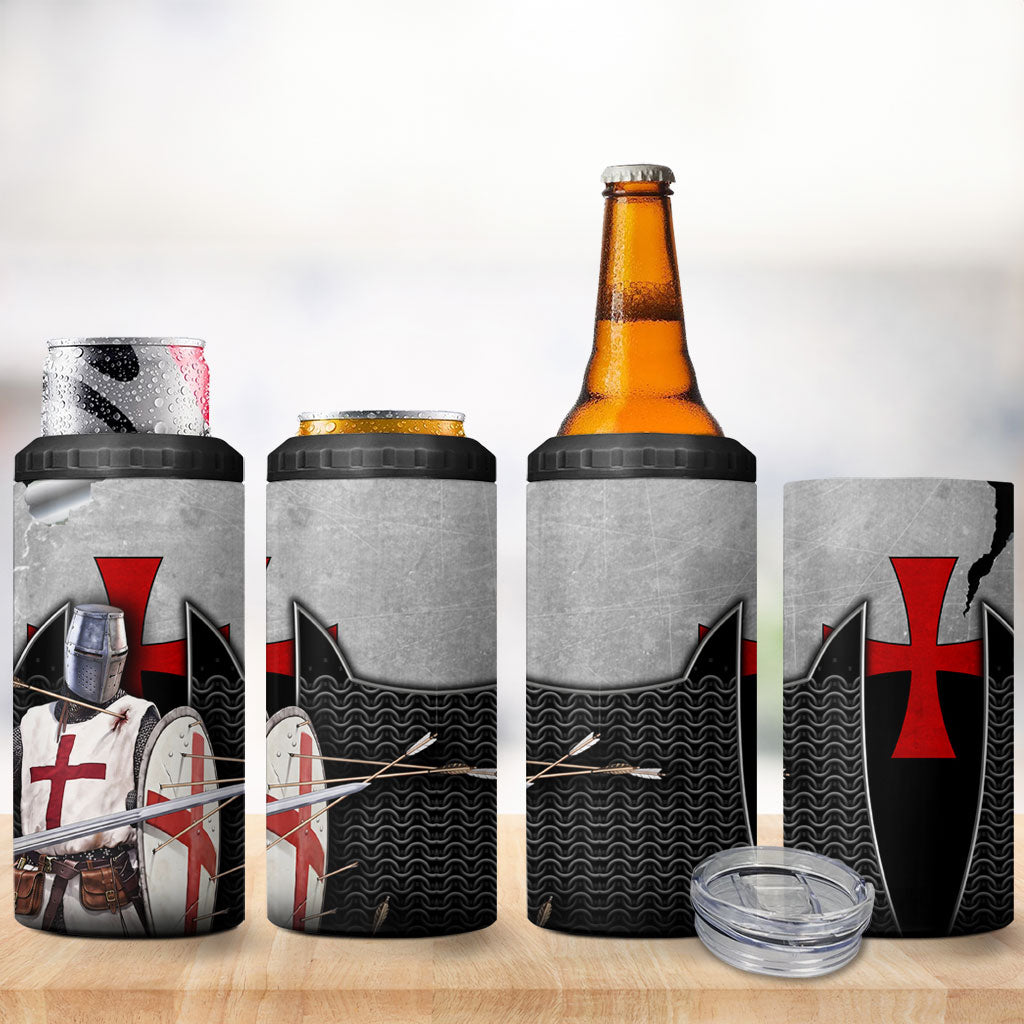 Knights Templar Warrior Red Cross 4 in 1 Can Cooler Tumbler Crusader Knight In Chainmail Armor With Shield And Sword Art