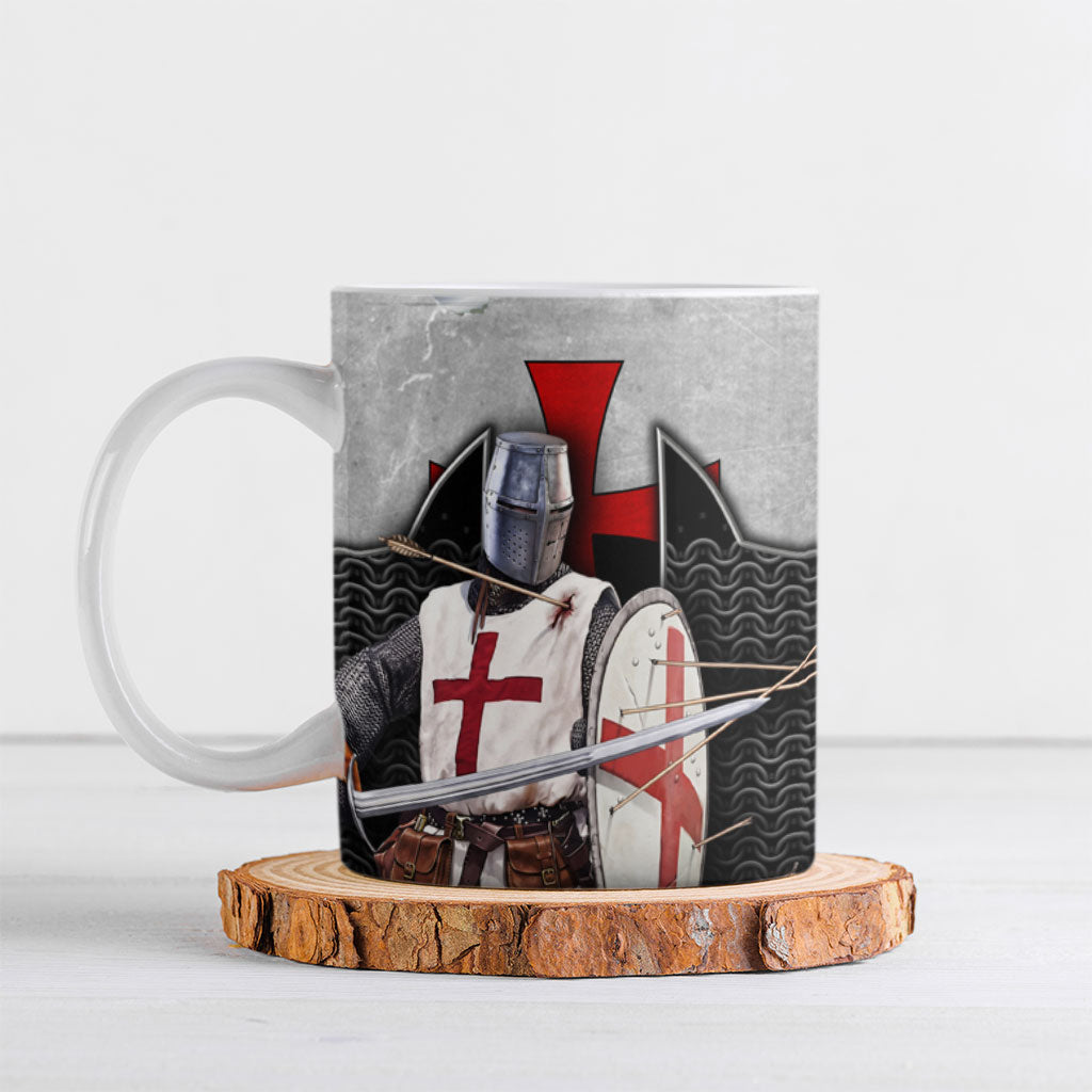 Knights Templar Warrior Red Cross Ceramic Mug Crusader Knight In Chainmail Armor With Shield And Sword Art