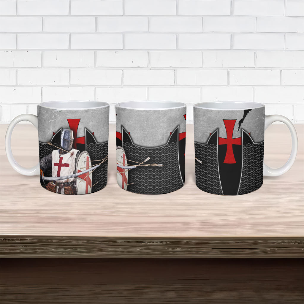 Knights Templar Warrior Red Cross Ceramic Mug Crusader Knight In Chainmail Armor With Shield And Sword Art