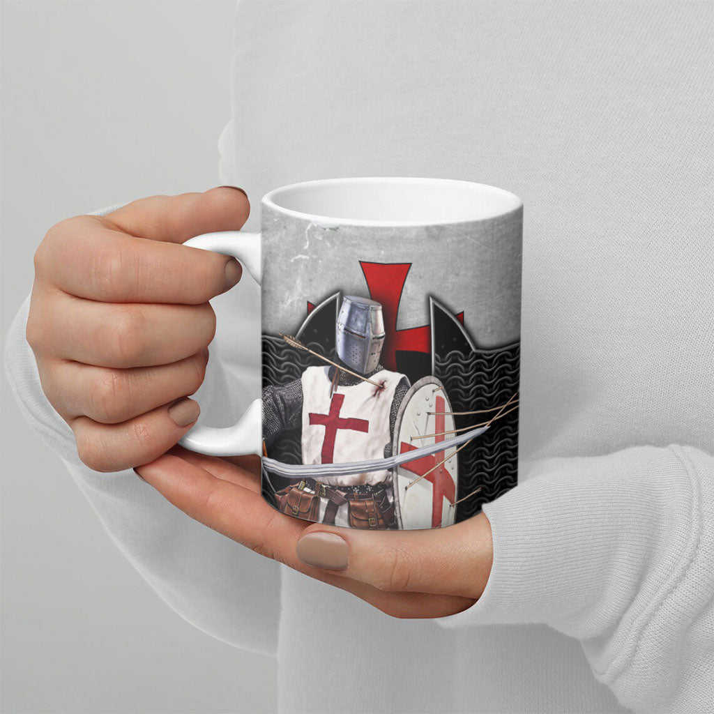 Knights Templar Warrior Red Cross Ceramic Mug Crusader Knight In Chainmail Armor With Shield And Sword Art