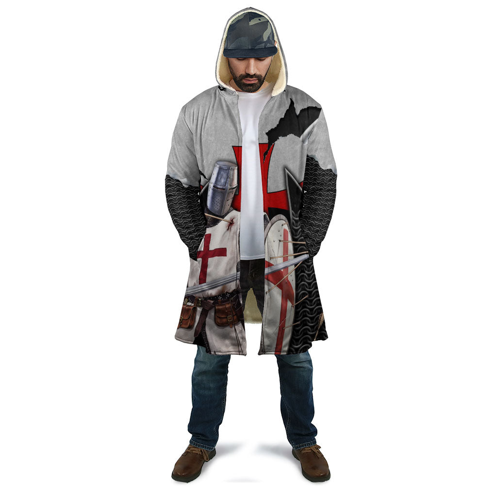 Knights Templar Warrior Red Cross Cloak Crusader Knight In Chainmail Armor With Shield And Sword Art