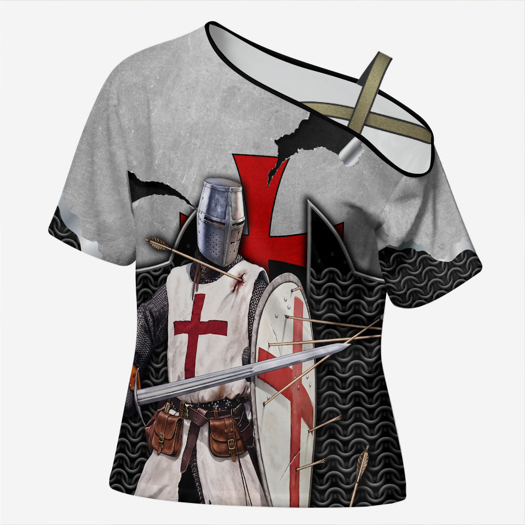 Knights Templar Warrior Red Cross Cross Shoulder Shirt Crusader Knight In Chainmail Armor With Shield And Sword Art