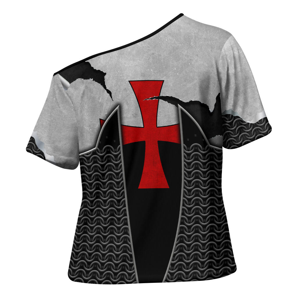 Knights Templar Warrior Red Cross Cross Shoulder Shirt Crusader Knight In Chainmail Armor With Shield And Sword Art